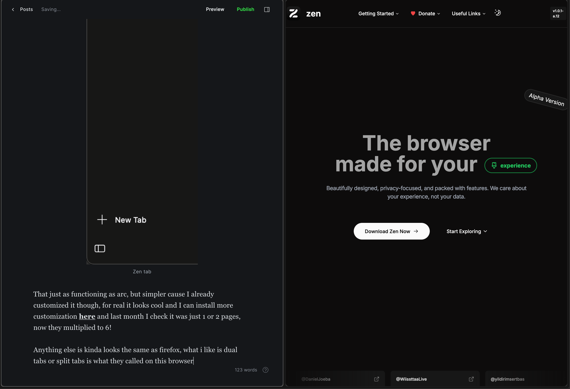split tabs on zen browser